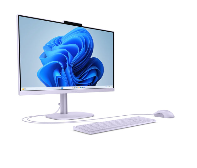 HP 24-cv0010nf Voile d’améthyste, vue de trois quarts avec clavier et souris
