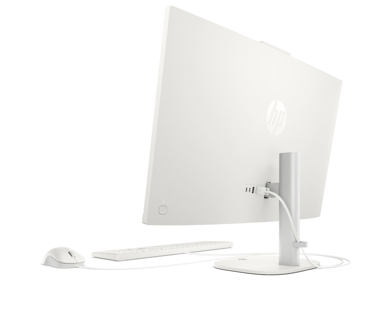 HP 27-cw0030nf Blanc coton, vue arrière avec clavier et souris