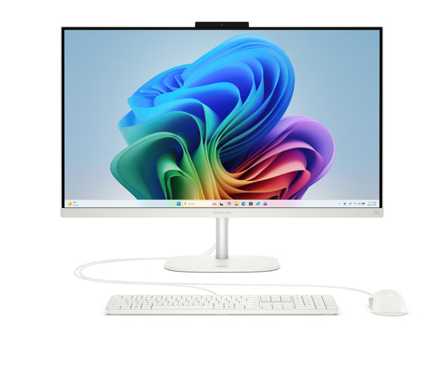 HP 27-cw0030nf Blanc coton, vue de face avec clavier et souris