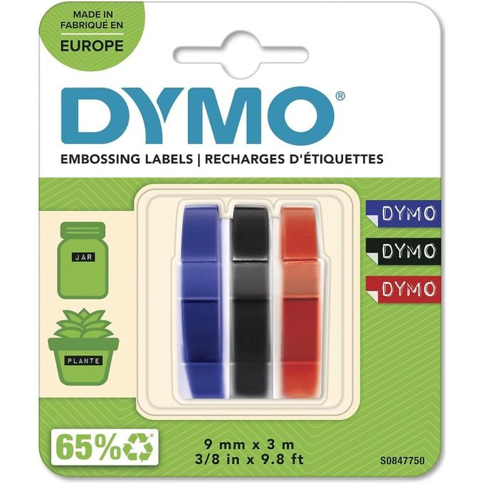 Dymo Lot De 3 Rubans 3D En Blister, Finition Brillante, 9mm X 3m, Noir, Bleu, Rouge - Pour Dymo Omega