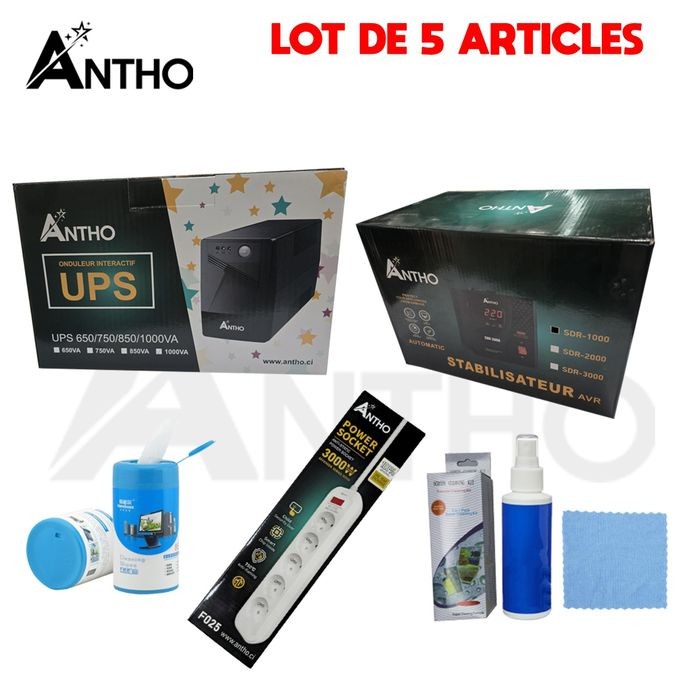 ANTHO Onduleur 1000VA + Stabilisateur 1000VA + Multiprise 5 Trous + Kit nettoyage + 68 Lingettes