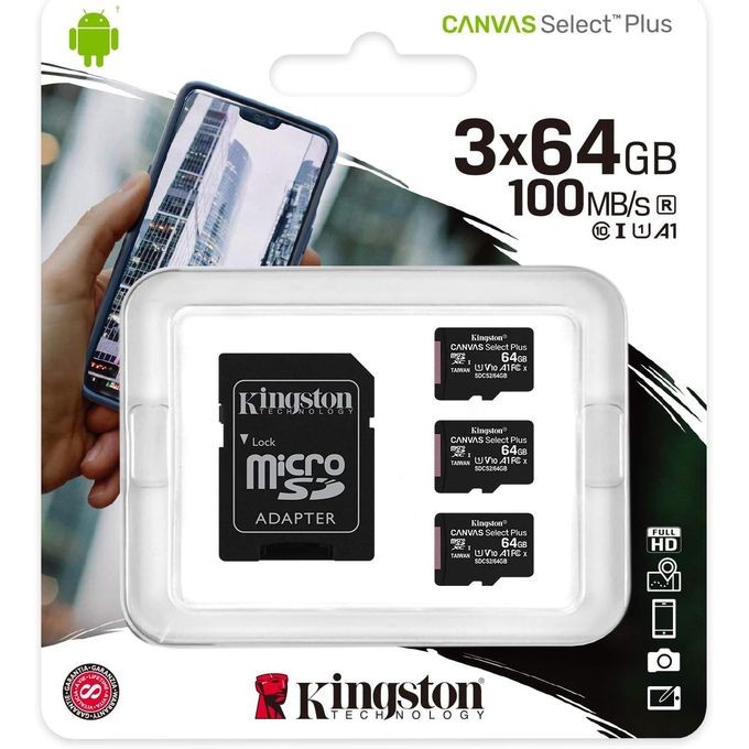 Kingston Lot De 3 Cartes Mémoires 64GB / 64GO - Class 10 - MicroSD - SD